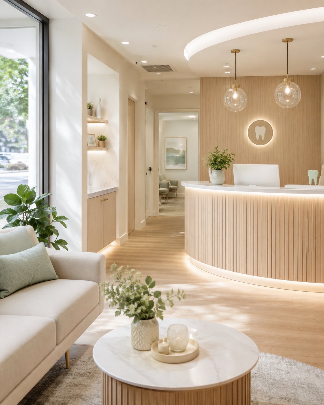 Warm dental reception area for new patients