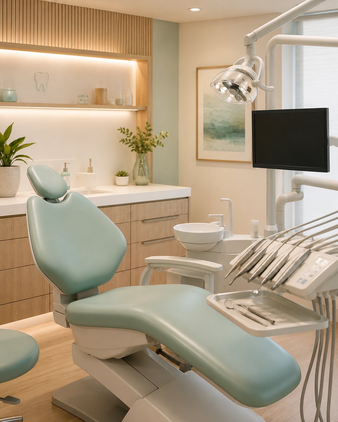 Modern dental treatment room with warm lighting